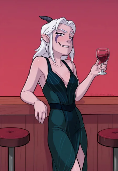 Relatedguy, Rayla, cocktail dress, solo, bar, leaning against bar, bar stools, holding wineglass, red wine, (smirk)