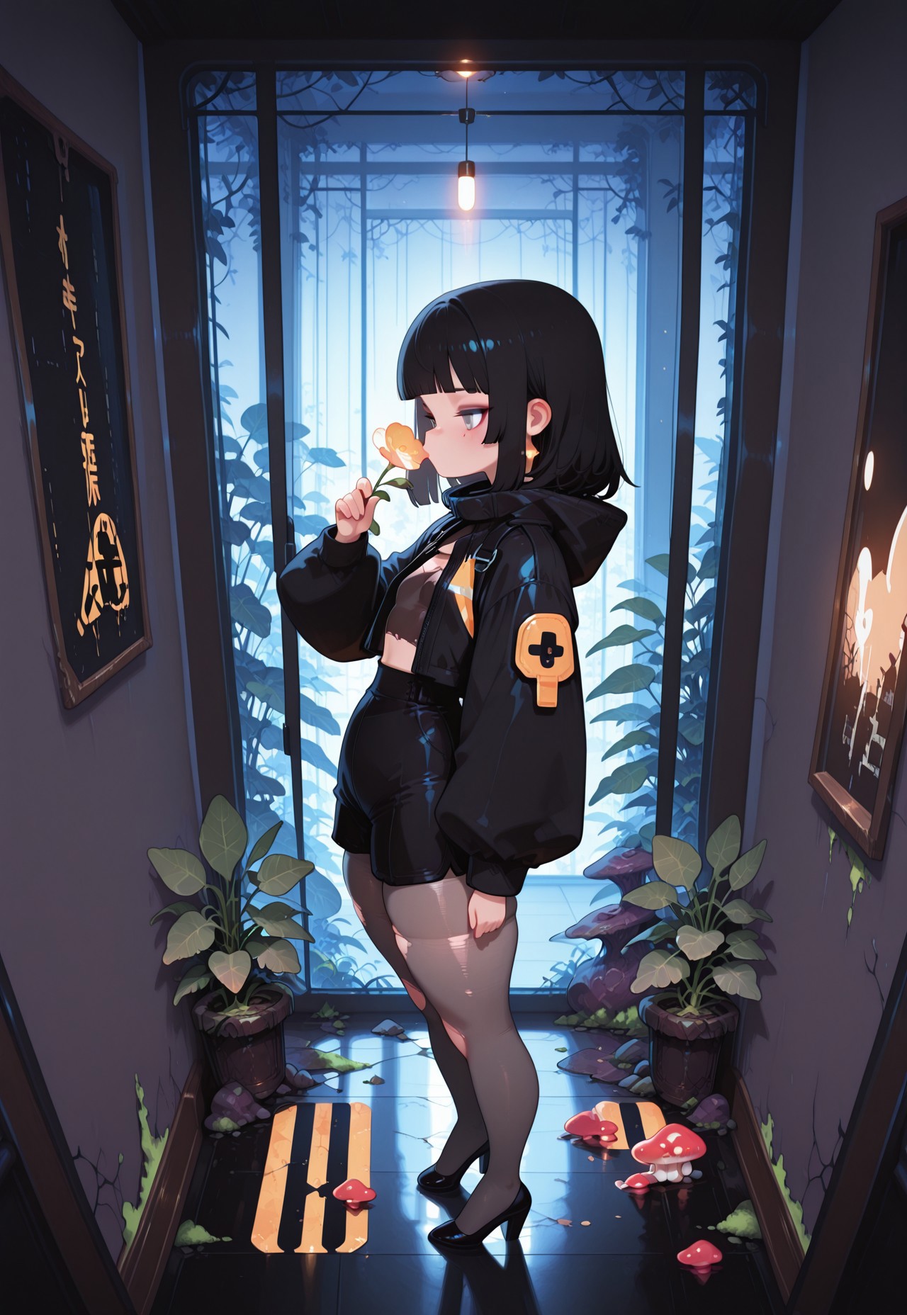 masterpiece, best quality,
((cinematic lighting)) ,
((full body shot)),
mid night, shadowy,

1girl,

(from above , from side, side shot),

medium hair , blunt bangs ,

ultra detailed eyes, (flat chest), [[[abs]]],

tsurime , subtle grey eye makeup ,
sister outfit,
( tight black shorts ),
pumps, torn translucent grey tights ,

skindentation, ((chubby thick legs)),

over sized hazard jacket ,
ray from window ,
dynamic perspective,

BREAK
smelling flower,

inside asian hotel , plushies , [[intricate pipes]] , interior plants ,many fungus ,pictures on wallbooks on floor, moss,
fl4t,