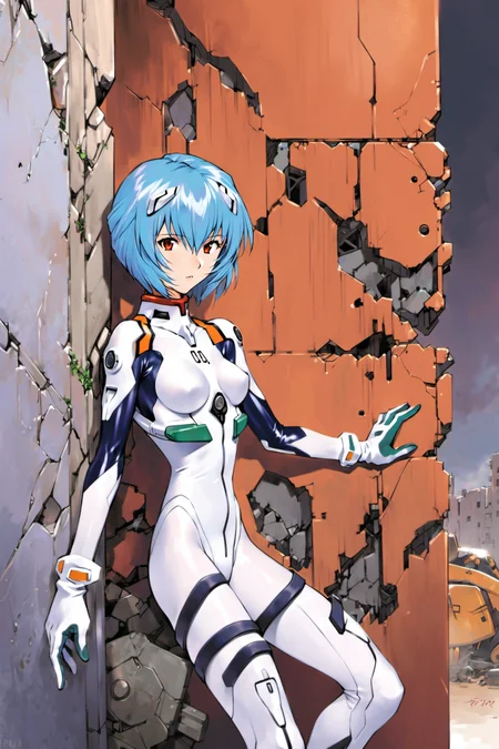 1girl, ayanami rei, plugsuit, solo, white bodysuit, red eyes, short hair, bodysuit, blue hair, against wall, interface headset, breasts, pilot suit, gloves, bangs, ruins, looking at viewer, small breasts, pale skin, bracer, <lora:Sadamoto Yoshiyuki_XL_V2:0.8>