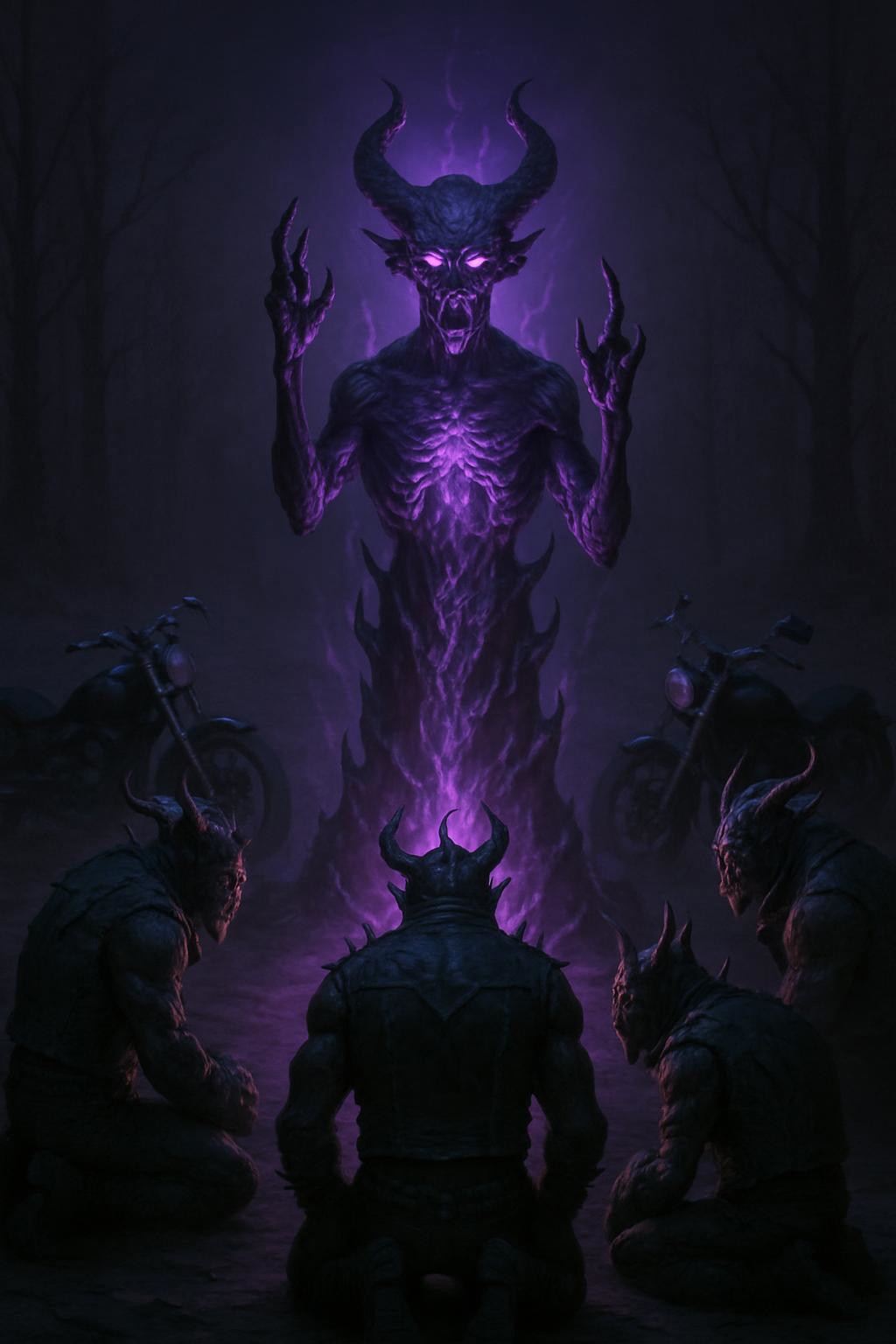 A twisted, demonic statue in the center of a desolate clearing, surrounded by the demon bikers. The statue glows with an eerie, violet light, casting strange, shifting shadows. The bikers kneel in reverence, their monstrous forms illuminated by the unnatural glow, creating a scene of dark worship and occult power, 
