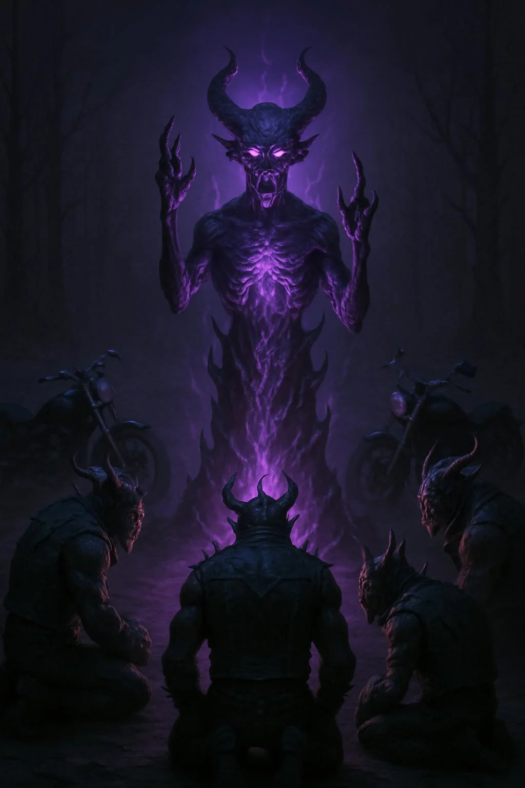 A twisted, demonic statue in the center of a desolate clearing, surrounded by the demon bikers. The statue glows with an eerie, violet light, casting strange, shifting shadows. The bikers kneel in reverence, their monstrous forms illuminated by the unnatural glow, creating a scene of dark worship and occult power,