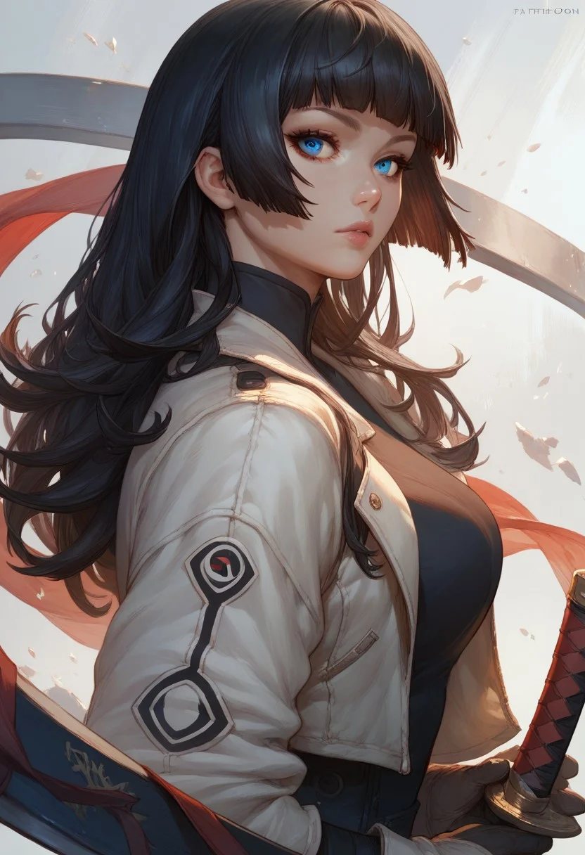 score_9, score_8_up, score_7_up, score_6_up, score_5_up, score_4_up, 1girl, (score_9, score_8_up:1.1), score_9, score_8_up, score_7_up,score_9, score_8_up, score_7_up, score_9, score_8_up, score_7_up, high detailed, high quality, masterpiece, no text, quality highlights, 8k detail, detailed background, dynamic view, ultra-detailed,
...
anime, dynamic view, hentai, ultra-detailed,
...
Create an anime-style character with long, black hair, with blue parts black hair, blunt bangs,  detailed blue eyes, perfect lips, wearing a white jacket with bold black kanji characters and a futuristic red and black outfit that accentuates her figure. She should have a red katana strapped to her back. The character's pose should be from the side, highlighting her back and the sword, with her hands in gloves, in action or combat. The background should be minimalistic to keep the focus on the character's detailed and striking appearance
(curvy girl),, cute girl, lips, (incredibly sexy),
sexy pose, pose, looking at viewer
...
(white background)