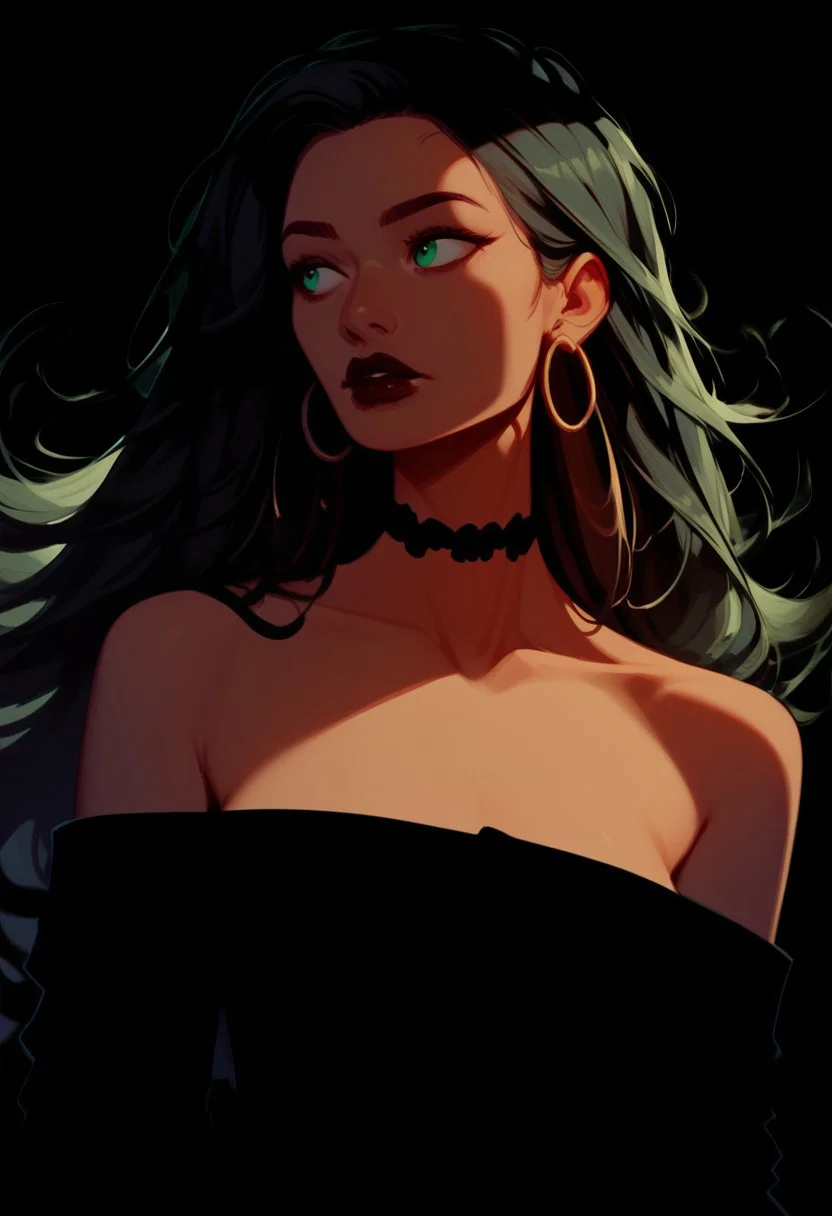 Blend_in, black background, score_9, score_8_up, score_7_up, masterpiece, best quality, absurdres, vibrant, highly detailed, (full front), upper body, 1girl, solo, 38 y.o gorgeous MILF, (green eyes:0.6), long black hair, open hair, hoop earrings, black satin choker, (tanned skin:0.6), matte red lipstick, strapless dress, off-shoulder dress, black elbow gloves, bare shoulders, collarbone looking away, looking to the side, arms at sides, pitch black background, high contrasts, (light from above:1.2)