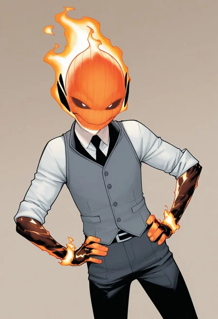 masterpiece, absurdres, high quality, perfect anatomy, 1boy, solo, cute boy, male focus, doyle, Orange Fire, Black Scelera, colored scelera, white shirt, grey vest, belt, sleeves rolled up, smug smile, hands on hips, cinematic, intricately detailed illustration, depth of field, masterpiece, best quality, amazing quality, very aesthetic, absurdres, newest, very awa,  shadow, dynamic angle, casual cosplay, dynamic pose, simple background,