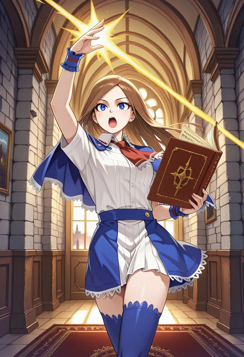 Solo, indoors, Castle, stone walls, Charlotte_Aulin, blue capelet, skirt, blue thighhighs, solo, carpet, regal interior, paintings on wall, holding tome, cowboy shot, open mouth. dynamic pose, shooting energy beams,