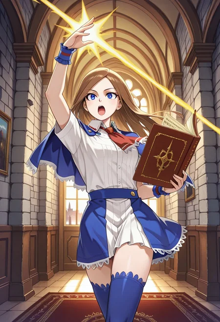 Solo, indoors, Castle, stone walls, Charlotte_Aulin, blue capelet, skirt, blue thighhighs, solo, carpet, regal interior, paintings on wall, holding tome, cowboy shot, open mouth. dynamic pose, shooting energy beams,