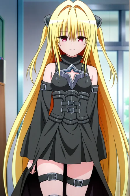 masterpiece, best quality, absurdres, highres, very aesthetic, very awa, BREAK, anime coloring, anime screencap,
<lora:konjiki_no_yami_v3-illustrious_r1:1>, 1girl, konjiki no yami, to love-ru darkness, red eyes, blonde hair, hair ornament, two side up,
BREAK, looking at viewer, seductive smile,
BREAK, black battle dress, bare shoulders, cleavage cutout, detached sleeves, multiple thigh straps,