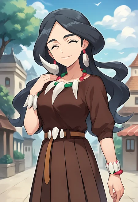 score_9, score_8_up, score_7_up, source_anime, masterpiece, 1girl, ctiandrasna, brown dress, belt, pleated skirt, necklace, skirt, earrings, bracelet, closed eyes, outdoors, looking at viewer, smile, <lora:Drasna_Pokemon_pony_ct_v2:0.8>