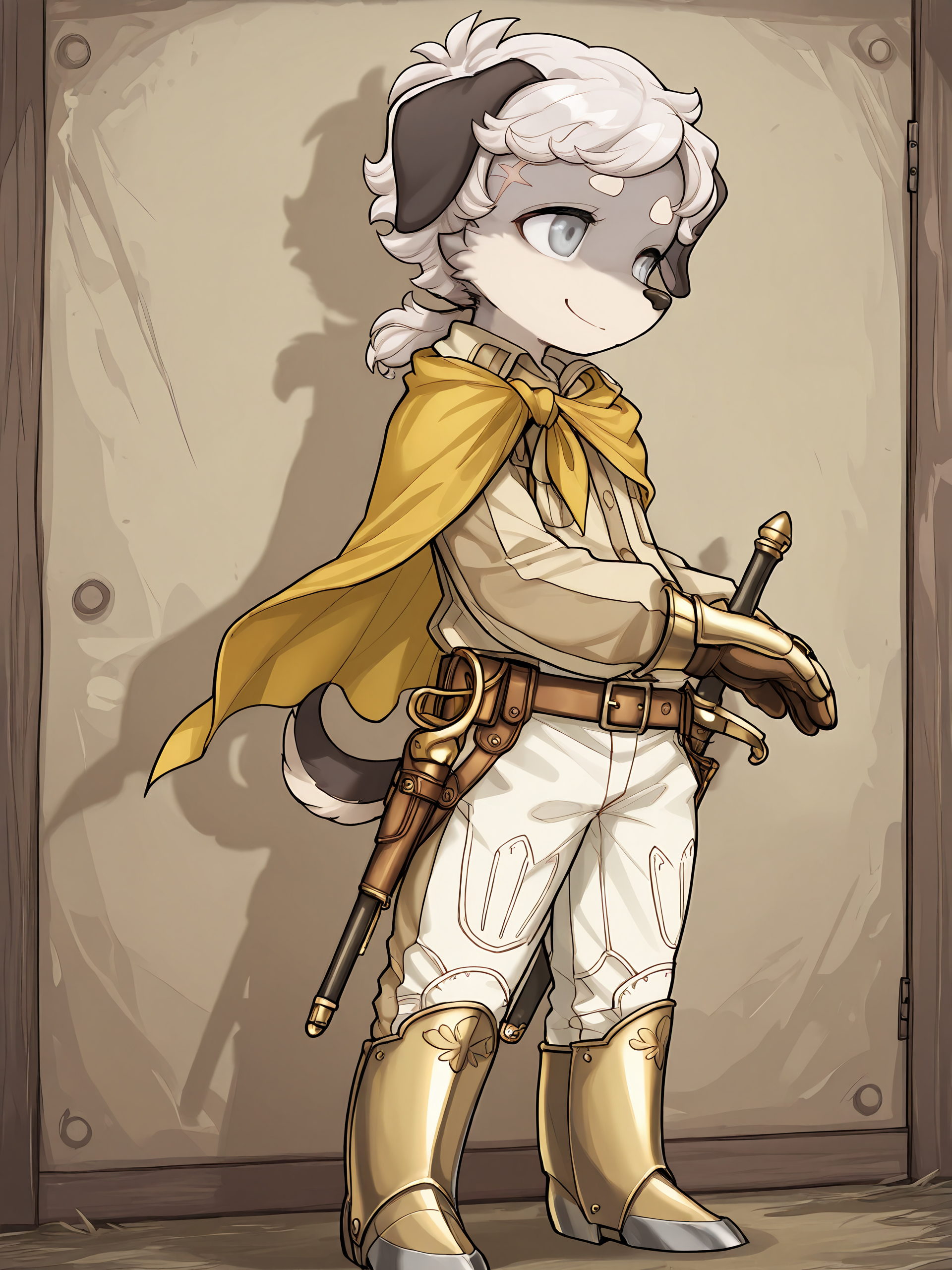 BREAK, <lora:Britz_Strudel:1>, britz strudel, fuga: melodies of steel, kemono, furry male, young male, 1boy, dog boy, grey fur, beige fur, multicolored fur, grey eyes, short hair, white hair, scar above right eye, animal ears, dog ears, floppy ears, dog tail, brown tail, Fuga 2 appearance, wavy hair, soft curls, ponytail
BREAK, Fuga 3 Outfit, metal boots, white pants, white top, gauntlets, rugged cape, yellow cape, utility belt, pouches, gun golster, sword, sword holster, sheathed,
BREAK, solo, inside, standing, closed mouth, looking away, head tilt, smile,