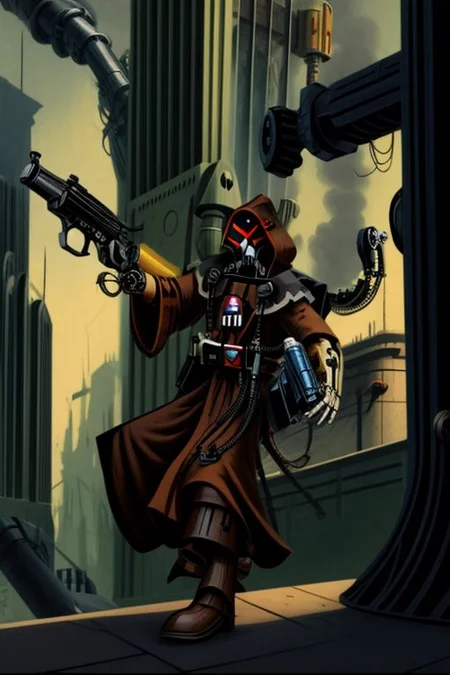 ((masterpiece,best quality)), absurdres, BREAK
mechanical arms, robes, hood, BREAK
((techpriest)), cyborg, mechanical face, mechanical limbs, gas mask, mechanical tentacles, (mechanical backpack), BREAK
1other, solo, holding pistol, firearm, handgun, pistol, gun, BREAK
factory background, smoggy sky, air pollution, smokestacks, BREAK
(tcw2003 style)