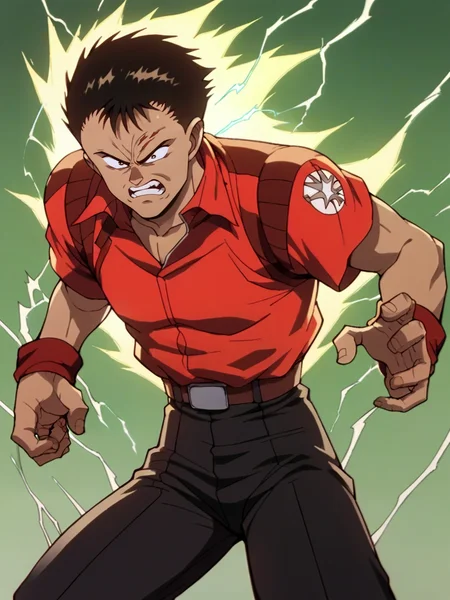 score_9, score_8_up, score_7_up, score_6_up, score_5_up,  <lora:akiraXLP:1> akira, retro artstyle, 1boy, angry, electricity,