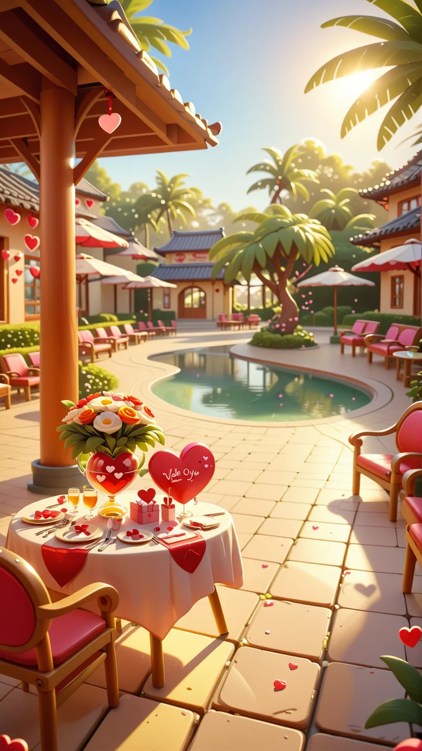 cartoon style,<lora:valentine's day date_XSE_GAME_V1:0.8>,valentine's day date,the warm sunshine,empty health resort,