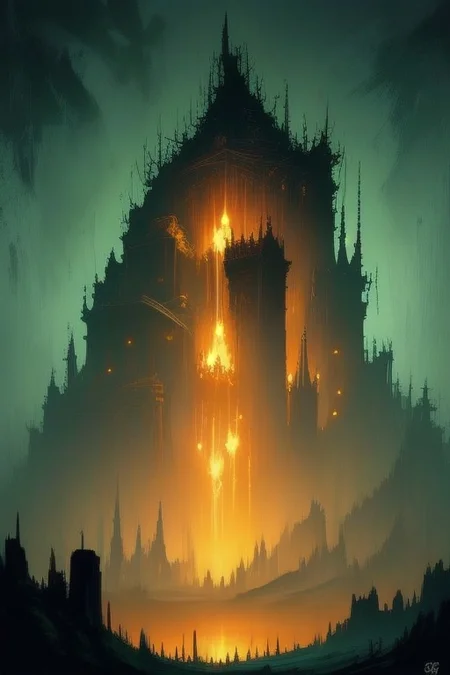 
1 gothic fantasy city upon a mountain with belfries and towers, at Dusk, a vast prairie in the foreground, (on the left in the foreground there is a solitary bonefire), fog,
elden ring style, scenery, gloomy, Darkness,
