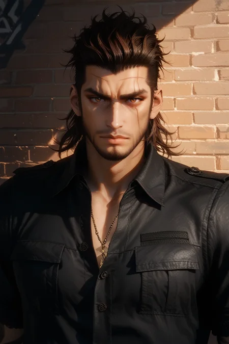 score_9, score_8_up, score_7_up,
<lora:FFGladiolus:0.8>
FFGladiolus, 1boy, brown hair, brown eyes, beard, scar, looking at viewer, In a dimly lit urban alley, tailored black suit, ambient neon lights casting shadows, leaning confidently against a brick wall