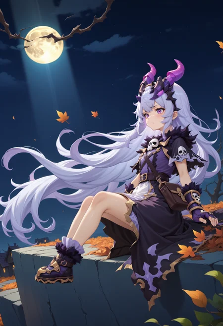 masterpiece, best quality, very aesthetic, absurdres, rom_hela_xl,
1girl, purple hair, horns, purple eyes, grumpy, skull on chest, purple dress, fingerless gloves, saddlebag,
sitting on a cliff, from side, looking at the moon,
moon, haunted house, withered trees, bats,
outdoors, (wind, falling withered leaves, light particles:1.4), light rays, tyndall effect, vivid colors, tranquil and magical atmosphere,
shiny skin, beautiful face, beautiful eyes, extreme detailed, official art, professional illustration, hires,
<lora:rom_hela_xl:1>, <lora:aesthetic_anime_v1s:0.5>, <lora:add_details_xl:0.5>