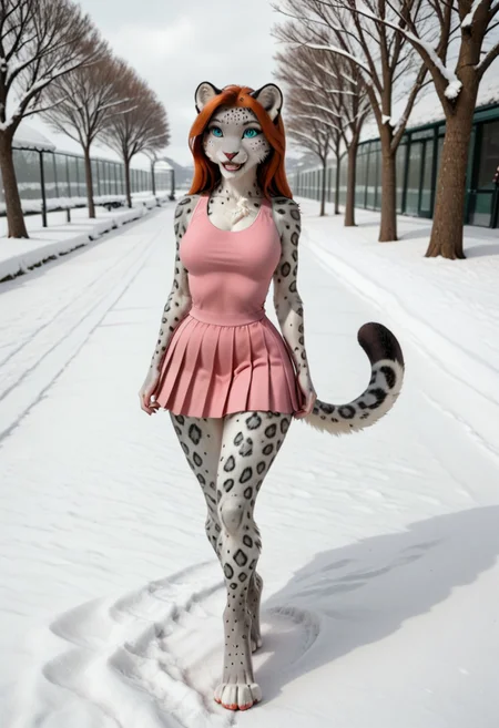 A 35mm photo of a petite beautiful 40 year old redhead, she is an anthropomorphic snow leopard, snow leopard nose, snow leopard teeth, snow leopard face, green snow leopard eyes, freckles, snow leopard fur all over her body, walking in a park, she is surrounded by pretty wildflowers, snow leopard tail, petite round hips, soft flat tummy, soft curvy petite thighs, petite c-cup breasts, wearing a pink tennis dress, she is a snow leopard, snow leopard tail, small pawlike hands, digitigrade snow leopard feet, no shoes, brown snow leopard fur, tennis dress