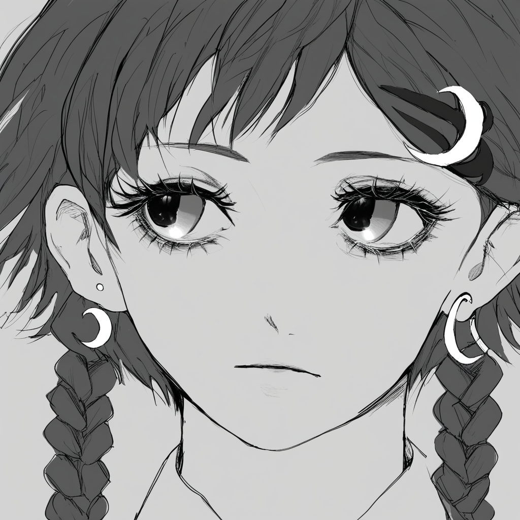 earrings, sideways, eyelashes, crescent earrings, twin braids, crescent, blood, hairclip, short hair