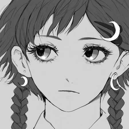earrings, sideways, eyelashes, crescent earrings, twin braids, crescent, blood, hairclip, short hair