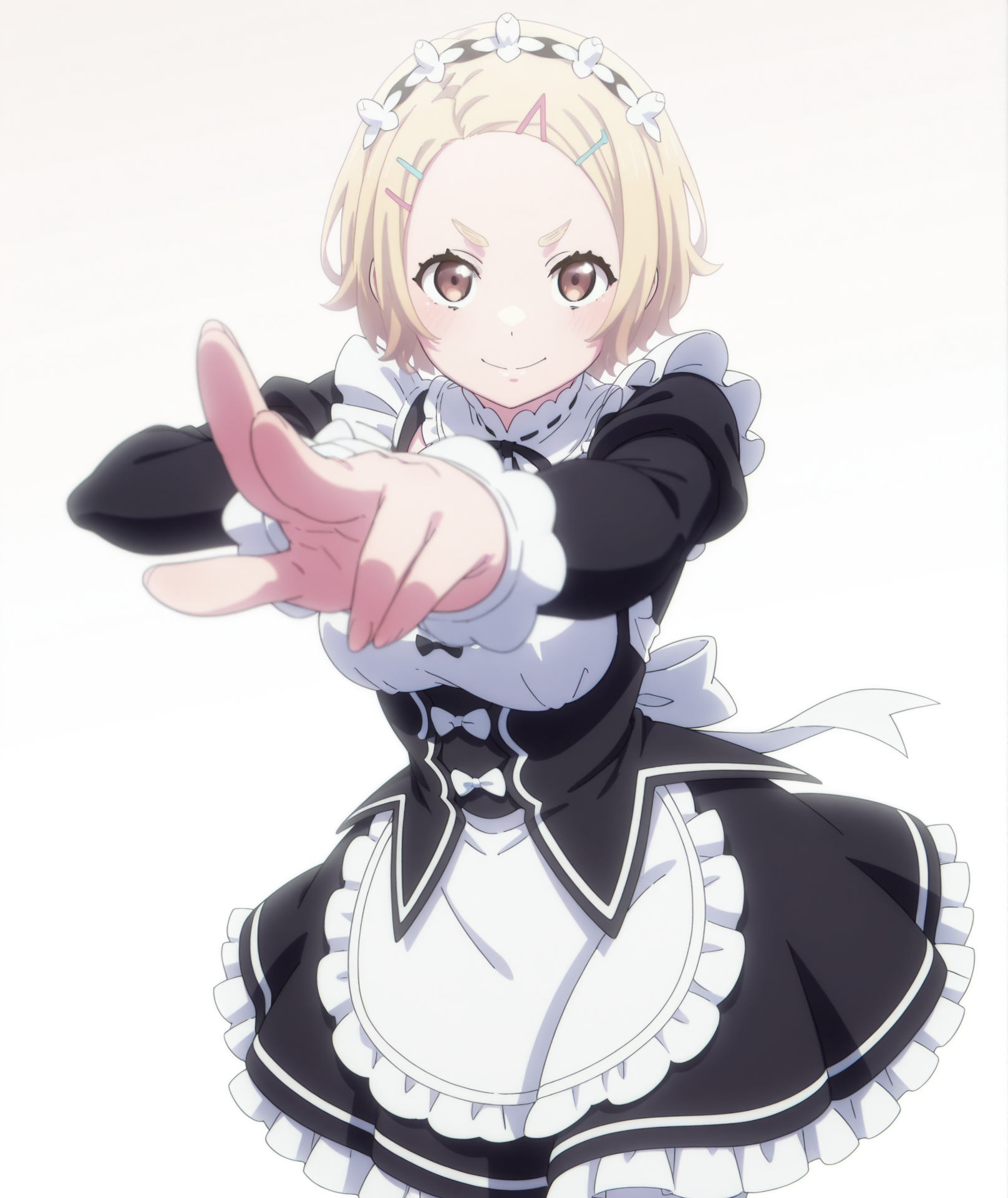 official art, absurdres, highres, anime coloring, hi res, best quality, masterpiece, 2d, intricate details, 4k,
1girl, solo, short hair, blonde hair, hair ornament, brown eyes, hairclip, v-shaped eyebrows, 
maid headdress, maid, maid apron, long sleeves, frilled skirt, frills, frilled dress, frilled sleeves, maid dress, roswaal mansion maid uniform, 
cowboy shot, foreshortening, looking at viewer, 
depth of field, white background, gradient background, <lora:Ginna_Bizen_ILXL:1>, mato seihei no slave,