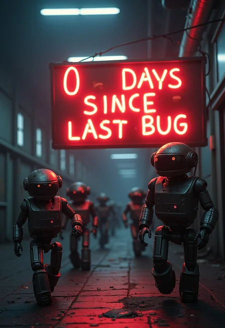 Robots chasing bugs under a glowing signboard written "0 days since last bug", the 0 is highlighted in red and the other text is in black.