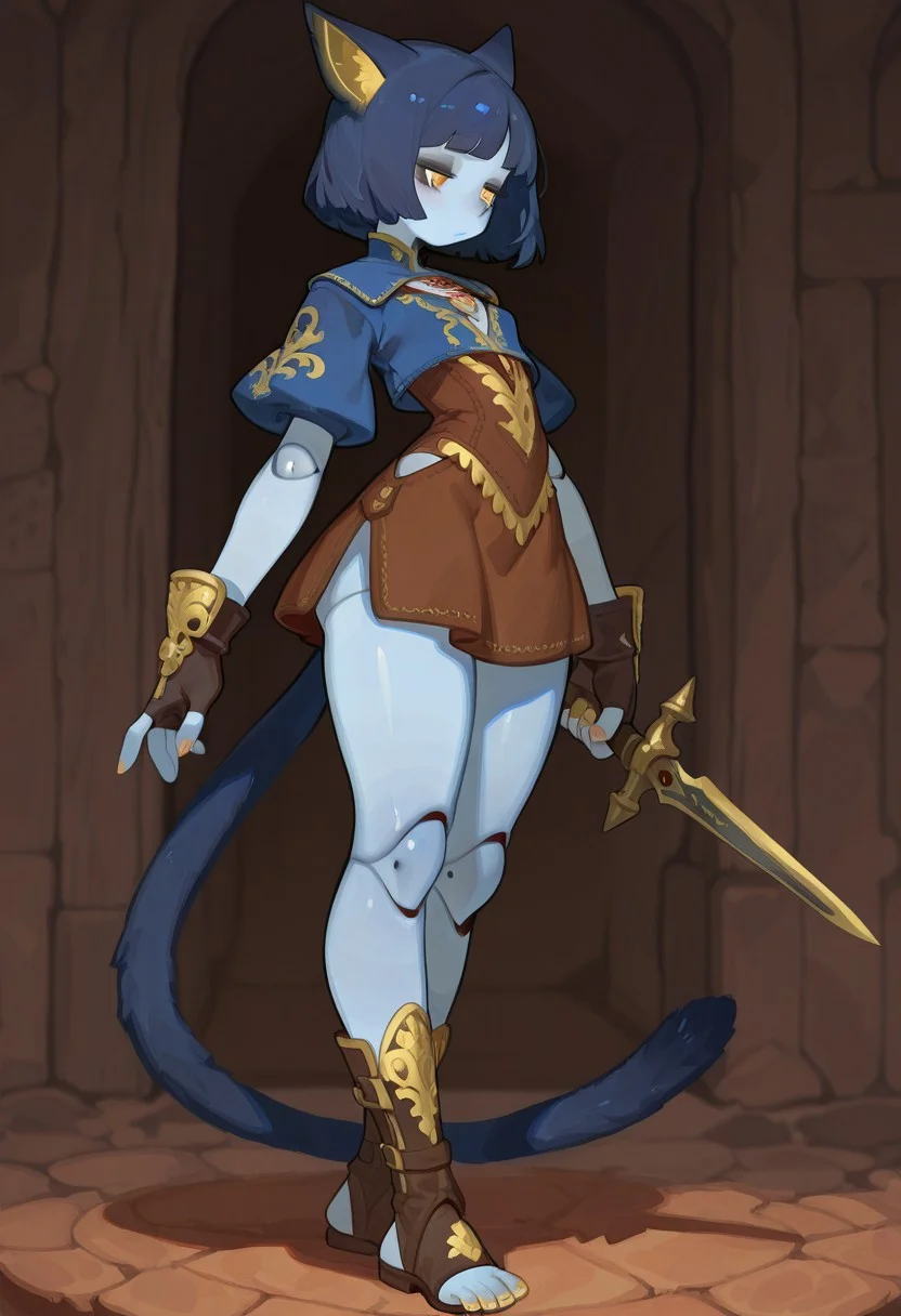 F3n6l1, masterpiece, very aesthetic, absurdres, (solo:1.5),
expressive eyes, beautiful detailed eyes:1, perfect face, (fantasy musketeer outfit:1.5), (brown skirt), (fingerless gloves:1.5), (toeless footwear:1.5), doll feet, barefoot, (5 toes:1.5), gold nails, holding dagger, fantasy medieval town, blue cat ears, blue cat tail, (blue skin: 1.4), colored skin, yellow eyes, cat pupils, dark blue hair, medium hair, bobcut, doll joints, bored, jitome, black eyeshadow, flat breasts, medium hips, short, dark blue ears, dark blue tail, gold inner ear, gold details, gold embroidery, gold trim,