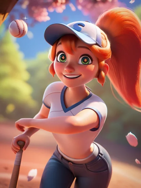 score_9, score_8_up, score_7_up, score_6_up, 1girl holding a baseball bat, cap, red hair, ponytail, looking at viewer, dynamic angle, cowboy shot, cute, cartoon, cute pose, smile, blush, wide shot, sparkling eyes, magic vibes, bangs, floating hair, outdoors, vegetation, trees,
<lora:DisneyStudios_style:0.8> DisneyStyleXLP