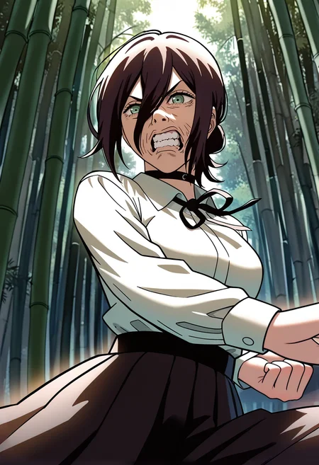 (masterpiece:1.35), (very aesthetic, best quality:1.3), vibrant, 1girl, reze_\(chainsaw_man\), fighting stance, (grimace:1.3), <lora:Best_Facial_Expression_Helper_XTREME_ILLU:1.1> kaogei, highly detailed, intricate details, absurdres, masterful composition, cinematic lighting, scholar costume, looking away, bamboo forest