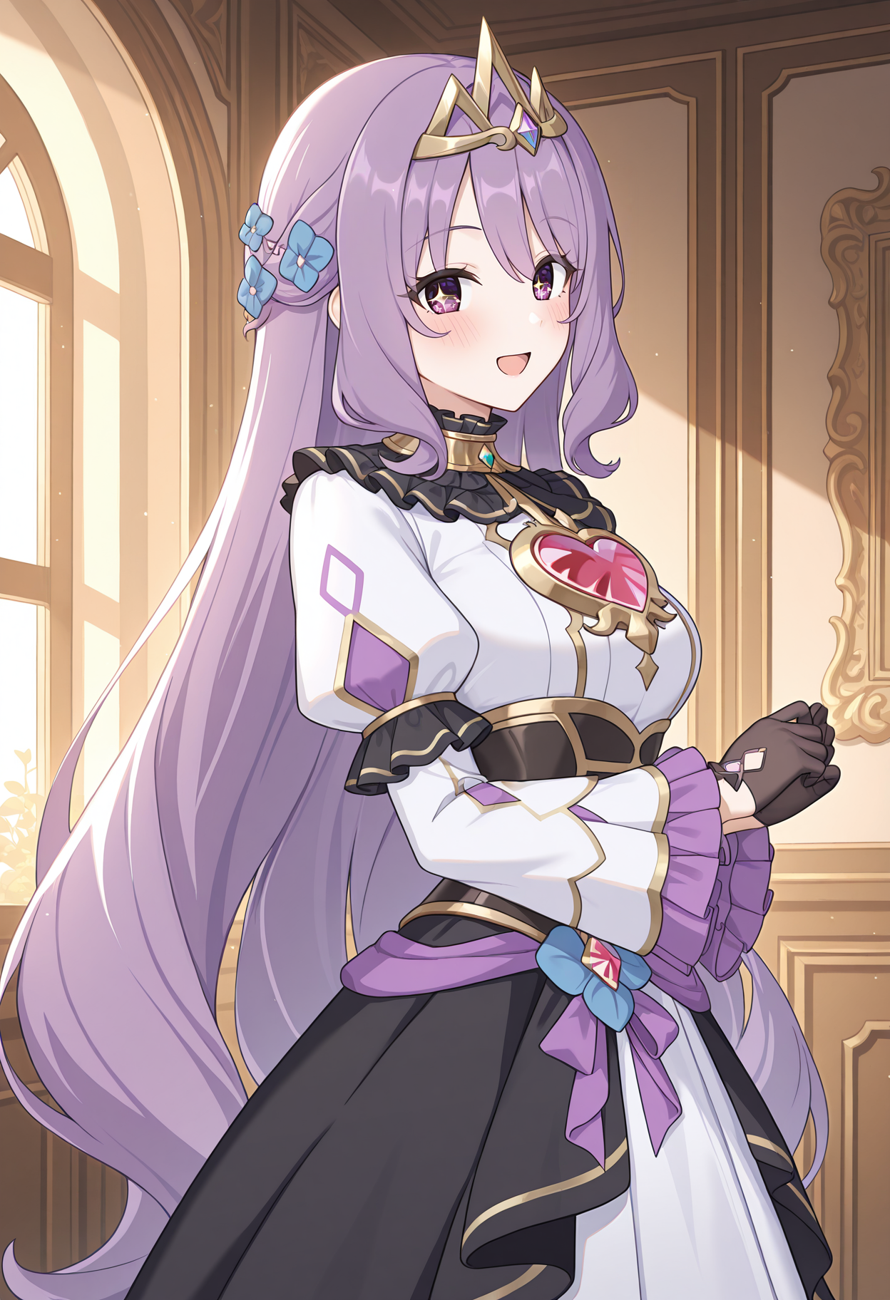 highres, best quality, masterpiece, indoors,
1girl, solo, pcrviolet, purple hair, very long hair, purple eyes, sparkling eyes,
pvioldef, blue flower, tiara, gold choker, white dress, heart brooch, black corset, frilled collar, black collar, juliet sleeves, frilled sleeves, black gloves, black dress, overskirt,
looking at viewer, blush, smile,
standing, from side, open mouth,
<lora:_violet_pcr-elesico-ilxlA:1>