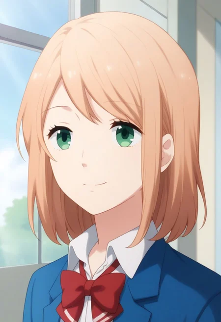 score_9, score_8_up, score_7_up, source_anime, highly detailed,
anna, 1girl, solo, school uniform, green eyes, jacket, shirt, bow, white shirt, blue jacket, collared shirt, blazer, red bow, cloud, window, closed mouth, medium hair, bowtie, bangs, peach blonde hair,
indoor, classroom, smile,