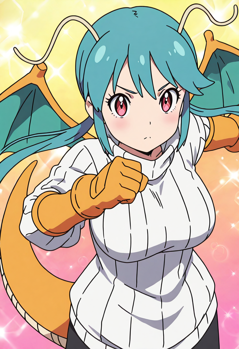 masterpiece, best quality, 1girl, solo, eyelashes, (beautiful eyes), dynamic pose, anime screencap,  zzDragonite, 1girl, solo, aqua hair, twintails, dragon girl, orange scales, dragon wings, dragon tail, orange gauntlets, white sweater, ribbed sweater, oversized sweater,  ,<lora:DragonitePokedex_IXL_v1:1.0>,