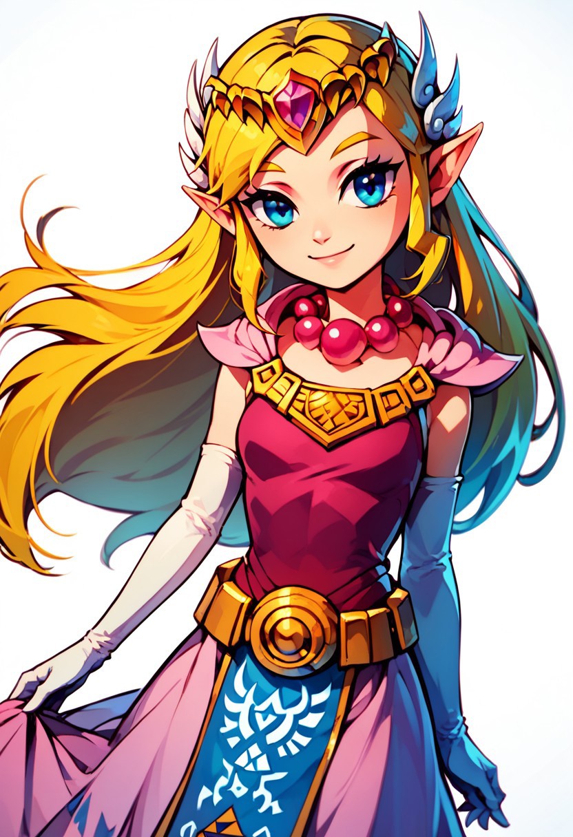 score_9, score_8_up, score_8, medium breasts, (curvy), cute, eyelashes,
BREAK,
zzToonZelda, smile, gloves, dress, jewelry, elbow gloves, belt, necklace, tiara, triforce, simple background, white background, bead necklace, gold necklace,
zPDXL, Expressiveh