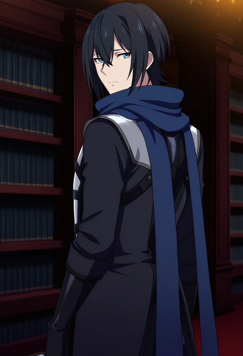 masterpiece, best quality, intricate details, anime screencap, , official style,, 1boy, solo, male focus, <lora:ren_amaki_ilxl:0.98>, ren_amaki, black hair, blue eyes, hair between eyes, blue scarf, black shirt, armor, black gloves, cowboy shot, library, books, indoors, dark, looking back, sad, ,