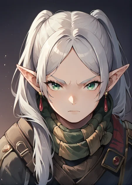 dark background,<lora:frieren_nereirfpnxl_pony_v2:0.8> nereirfpnxl, frieren, pointy ears, long hair, elf, earrings, green eyes, twintails, looking at viewer, white hair, closed mouth, <lora:Cayde-6_PonyXL:0.8> armor, scarf, cape, black gloves, hood,, BREAK score_9, score_8_up, score_7_up, score_6_up, score_5_up,