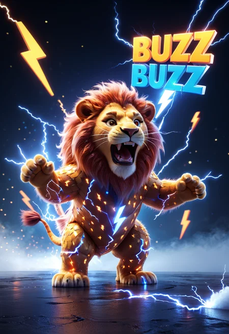Buzz2, a 3D Pixar movie-style lion roaring on a simple background, holding a sign that reads 'Need Buzz' The sign and the word 'BUZZ' sparkle with electric energy, lightning bolts swirling around. Masterpiece, high quality, ultra details. <lora:Buzz_Enhancer_2_SDXL_v2:0.95>, <lora:add-detail-xl:0.65>,