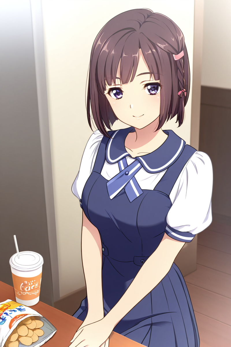 in cafe, (kimura manatsu, short hair, skirt, brown hair, shirt, single side braid hair, single braid on lef side, bob-cut, sitting, table with snack, a cup of tea,  school uniform, standing, purple eyes, white shirt, short sleeves, (blue pinafore dress), puffy sleeves, indoors,  cowboy shot) 1girl, best quality, cowboy shot, seductive smile, Overall Detail, (slim, looking at viewer, young-adult), large breast, Fix hand <lora:Kimura_Manatsu_ATSK_illus:1>