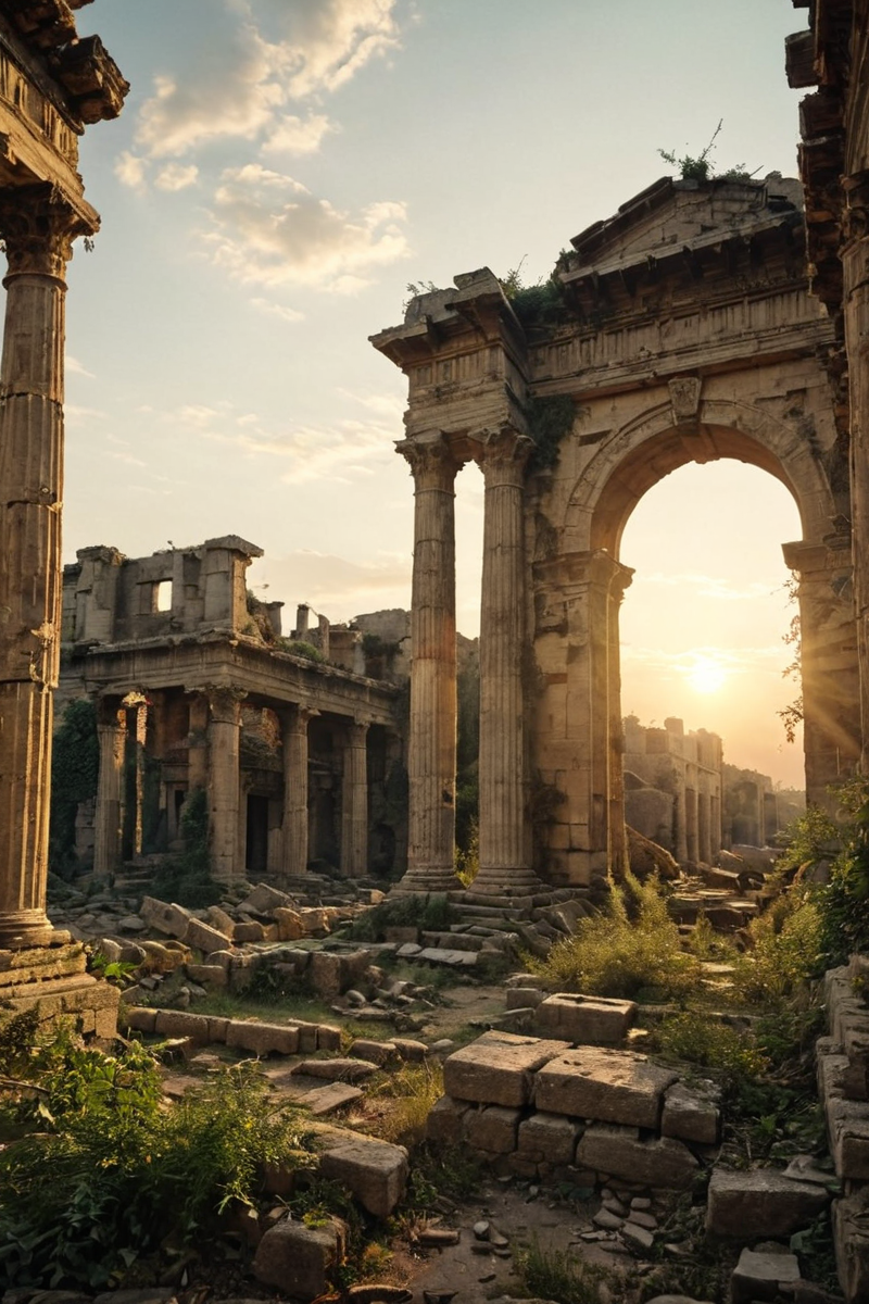 (photoart_style,realistic,film grain,4k) A highly detailed, realistic depiction of a ancient, ruined city, with crumbling architecture and overgrown vegetation, under the light of a golden, setting sun.