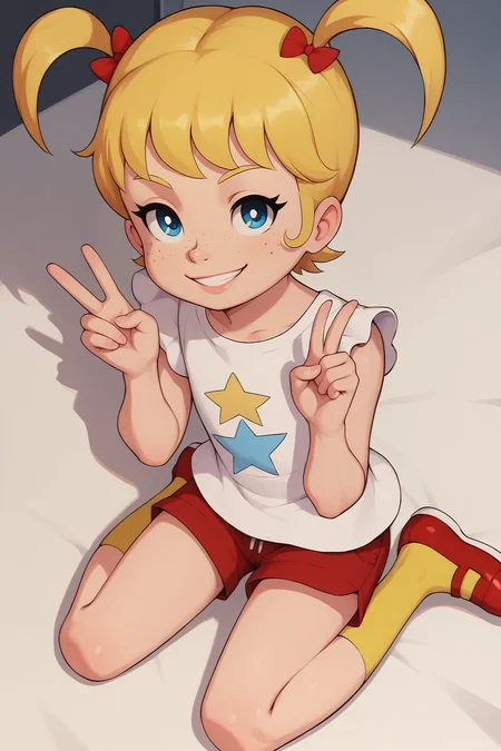 score_9, score_8_up, score_7_up, score_6_up, BREAK, ApoMMXL, blue eyes, blonde hair, short hair, bangs, twintails, red hair bow, freckles, flat chest, white dress, star print, short sleeves, red shorts, yellow socks, red shoes, solo, full body, sitting, above view, peace sign, seductive smile, looking at viewer, indoors <lora:ApoMMXL:1>