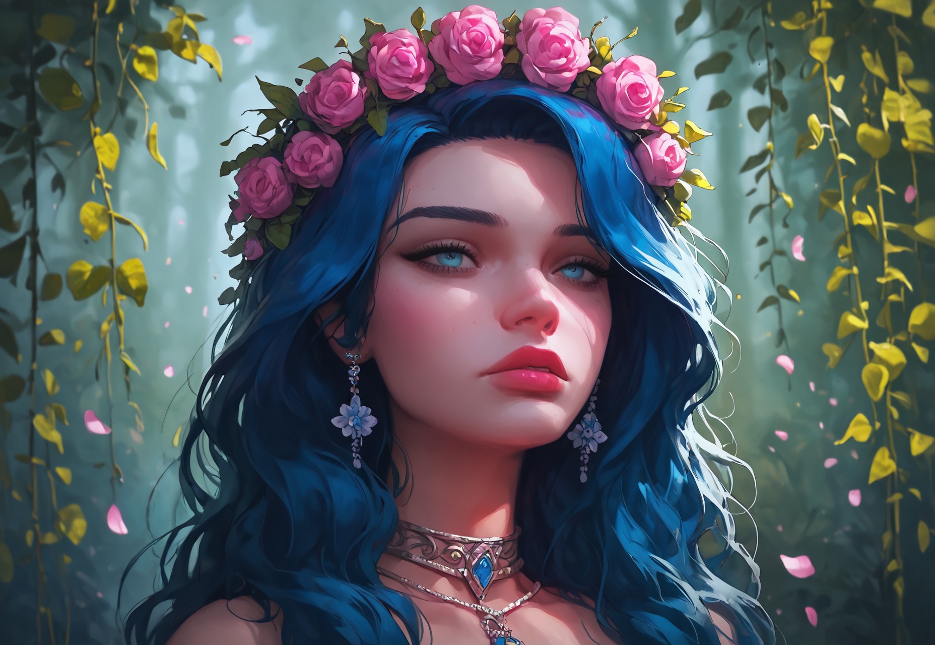 Expressiveh, easynegative, g0thicPXL,  fpo_down, glowing, Jabstyle, score_9, score_8_up, score_7_up, woman, half-body portrait, deep blue hydrangea flowers instead of hair, floral crown, lush petals, soft texture, calm expression, ethereal, smooth skin, rich dark blue tones, otherworldly, magical, subtle blurred background, focus on floral arrangement 