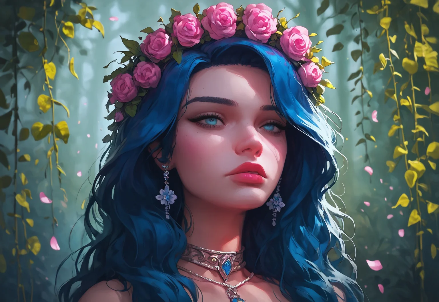 Expressiveh, easynegative, g0thicPXL, fpo_down, glowing, Jabstyle, score_9, score_8_up, score_7_up, woman, half-body portrait, deep blue hydrangea flowers instead of hair, floral crown, lush petals, soft texture, calm expression, ethereal, smooth skin, rich dark blue tones, otherworldly, magical, subtle blurred background, focus on floral arrangement