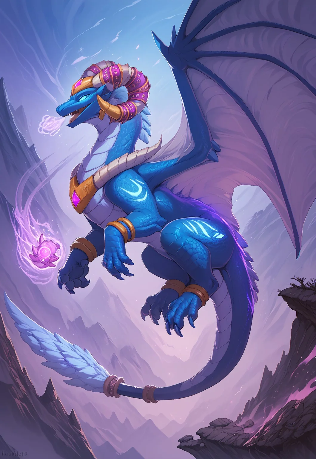 (score_9, score_8_up, score_7_up, score_6_up),
by hioshiru, dragon, tarecgosa, scales, horns, claws, wings, tail, feral, in the air, flying, wings spread, arkane_dark, magic, flies towards the viewer, mouth open, magic, magic breath, purple fog, follet magic, magic sparks, blue scales, tail end, claws, female, 1girl, neck piece, bracelet, tail bracelet, blue eyes, (purple fog, purple breath:1.1, magic breath:1.1)
(beautiful background, mountains, at a height)