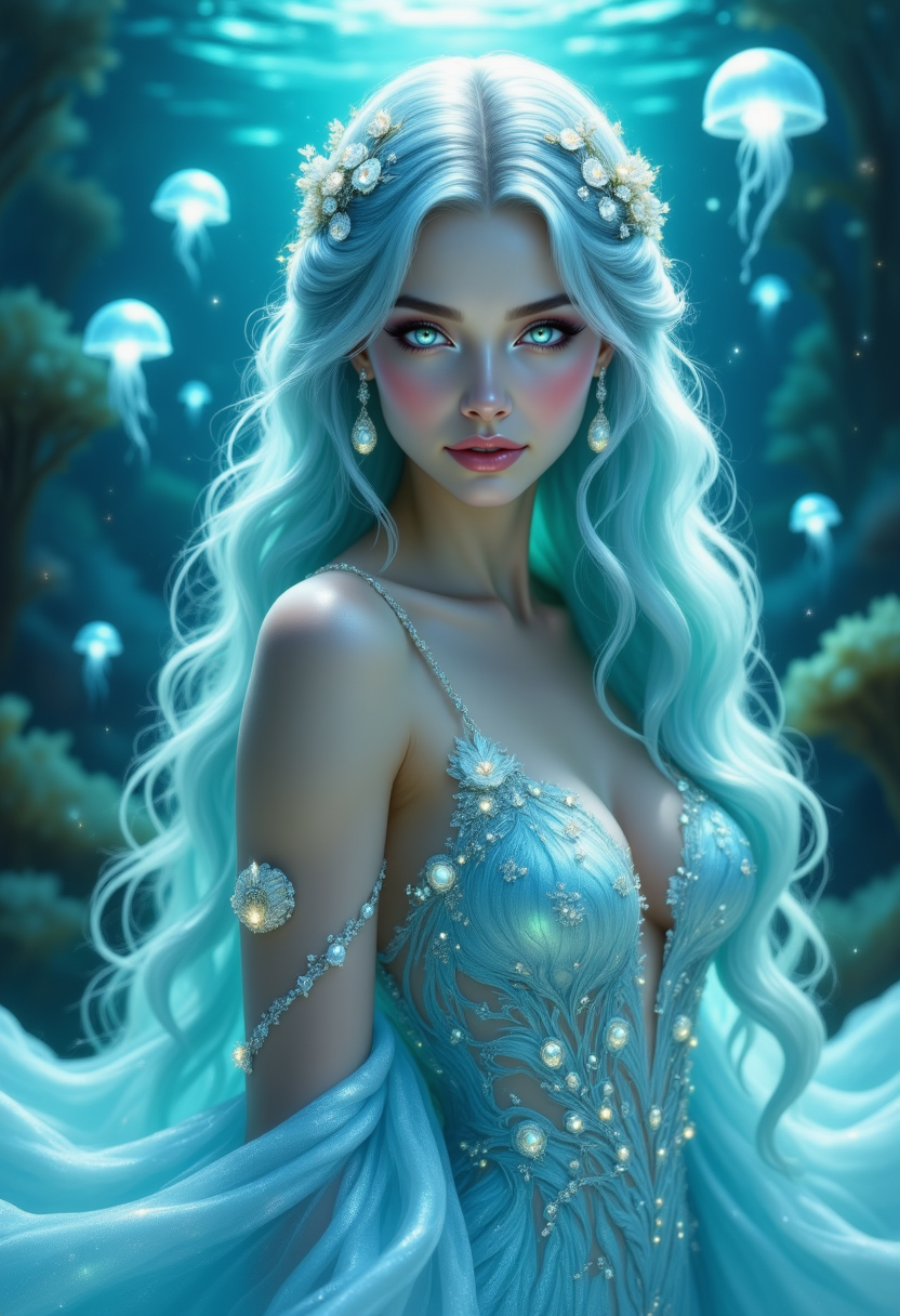 pinkhidreamfantasy, A stunning woman with cascading aquamarine hair, her silver-white skin glistening like moonlit waves. She wears an intricately adorned gown resembling ocean foam, flowing seamlessly into the tide. Pearlescent seashell jewelry adorns her arms and crown, her iridescent gaze reflecting the depths of the ocean. The background is a serene, ethereal seascape with glowing coral and drifting jellyfish illuminating the water in a mesmerizing bioluminescent glow.