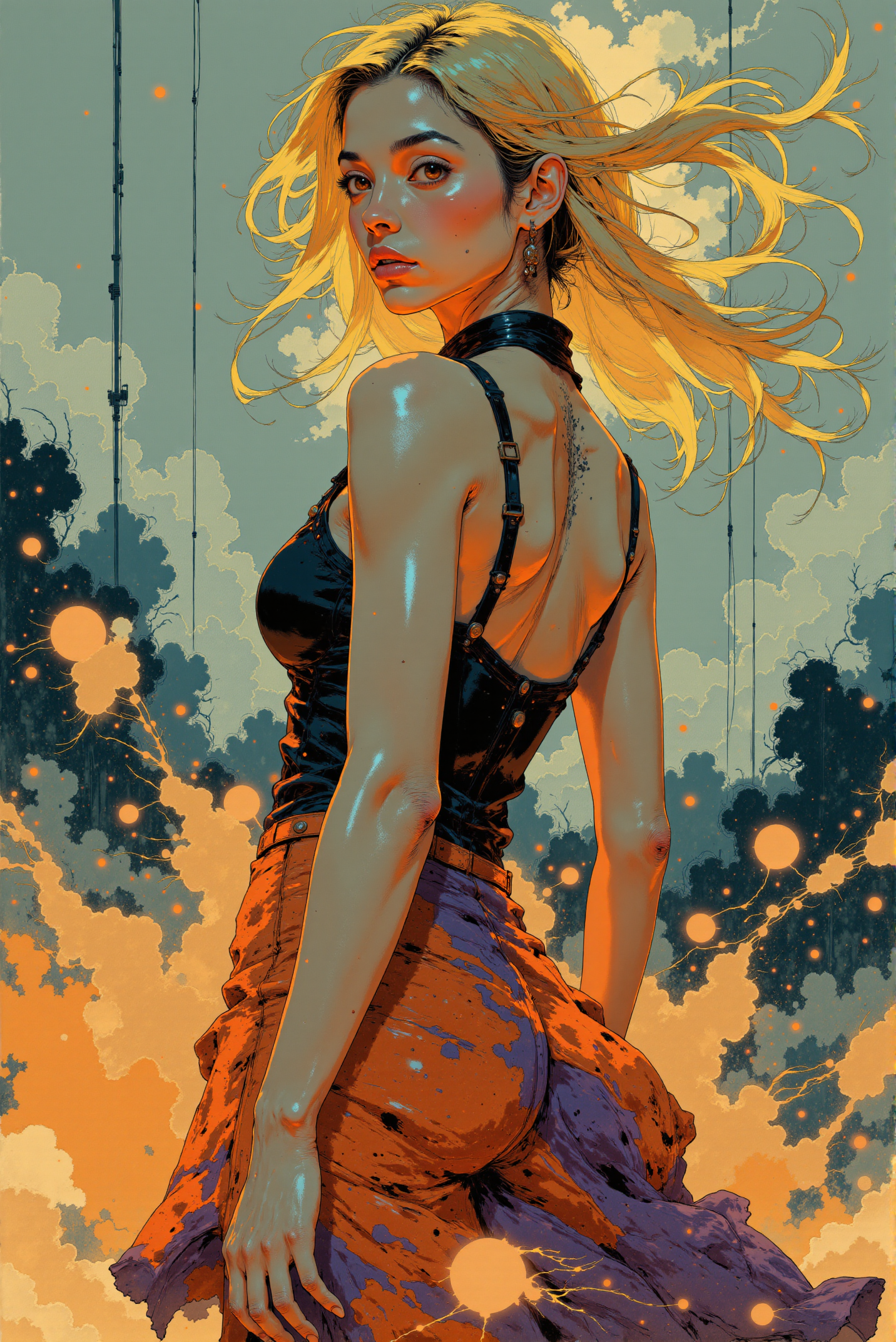 <lora:Fancha_style_v.5:0.99> Fancha style. This digital hyperrealistic painting features a striking portrait of a woman rendered in a dynamic and expressive watercolor style. The woman is captured mid-turn, her flowing blonde hair caught in motion, sweeping gracefully across her shoulders. The soft, fluid brushstrokes accentuate the movement, giving her an ethereal, almost dreamlike quality. Her dress, a vibrant swirl of colorsâranging from deep reds to purples and warm yellowsâblends seamlessly with the abstract splashes of paint around her, as though the colors are emanating from her very presence. Her expression is confident, with her gaze directed toward the viewer, exuding a sense of intrigue and allure. The subtle details in her face, particularly her bright red lips and carefully defined features, contrast beautifully with the loose, flowing nature of the rest of the composition. The low back of her dress adds an element of sophistication, as the darker tones of the bodice contrast with the colorful, swirling fabric of the skirt. The background, painted in deep, smoky hues of blue, black, and orange, creates a dramatic contrast with the lightness of her figure, making her appear as though she is emerging from a mist of abstract color. The soft blending of colors and the splashes of paint give the impression of energy and movement, as if the scene is alive with emotion and fluidity. The overall artistic style is both modern and impressionistic, using watercolor techniques to create a sense of spontaneity and elegance. The bold use of color and light highlights her presence, while the expressive brush-work and soft edges evoke a sense of freedom and creativity, making the portrait as much about mood as it is about form.