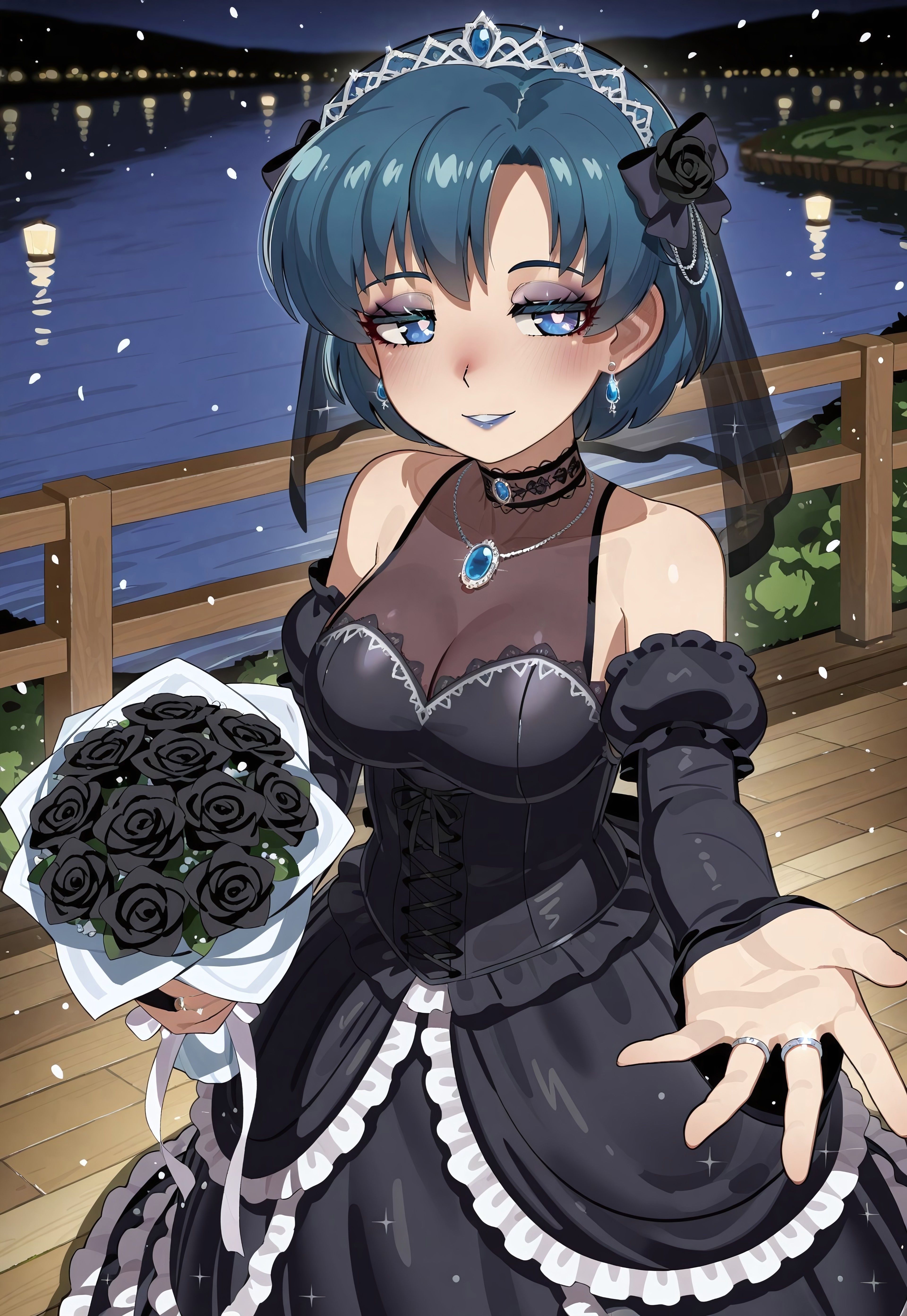 safe_pos, Mizumizuni, 1girl, mizuno ami, blue yes, blue hair, masterpiece, best quality, absurdres, medium breasts,
(goth fashion), [gothic_lolita], gothic bride, black wedding dress, see-through cleavage, multilayered dress, long skirt, frilled skirt, bridal gauntlets, gothic bridal veil, lace trim, bare shoulders, detached sleeves, high collar, lace choker, gothic earrings, ornate ring, necklace, gem brooch, jewelry, bouquet, holding bouquet,
dark lipstick, dark blue lips, long eyelashes, eyeshadow, eyeliner, mascara, gothic makeup,
outdoors, path, black flowers, night, pier, lake,  
solo, cowboy shot, standing, smile, half-closed eyes, parted lips, looking at viewer, outstretched arm, outstretched hand, wedding ring, (glitter, sparkling clothes, sparkling hair), bright pupils,
intricate, highly detailed, majestic, shallow depth of field, movie still, moody