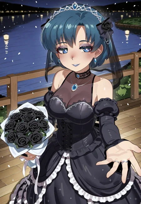 safe_pos, Mizumizuni, 1girl, mizuno ami, blue yes, blue hair, masterpiece, best quality, absurdres, medium breasts,
(goth fashion), [gothic_lolita], gothic bride, black wedding dress, see-through cleavage, multilayered dress, long skirt, frilled skirt, bridal gauntlets, gothic bridal veil, lace trim, bare shoulders, detached sleeves, high collar, lace choker, gothic earrings, ornate ring, necklace, gem brooch, jewelry, bouquet, holding bouquet,
dark lipstick, dark blue lips, long eyelashes, eyeshadow, eyeliner, mascara, gothic makeup,
outdoors, path, black flowers, night, pier, lake,  
solo, cowboy shot, standing, smile, half-closed eyes, parted lips, looking at viewer, outstretched arm, outstretched hand, wedding ring, (glitter, sparkling clothes, sparkling hair), bright pupils,
intricate, highly detailed, majestic, shallow depth of field, movie still, moody