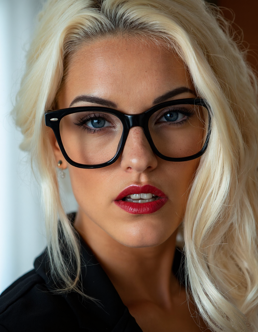 A striking portrait of a fierce blonde woman with piercing eyes and bold, direct eye contact. She wears natural-looking brick-red lipstick and large, avant-garde glasses. The composition embodies a high-fashion editorial aesthetic, blending ethereal beauty with dramatic shadows and luxurious fashion details. The zoomed-out perspective places the subject in 30% of the frame, leaving ample negative space around her head for a modern, minimalist feel. The subtle 3D effect enhances the visual depth, creating a captivating and dynamic image.