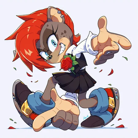 safe_pos, safe_pos, score_9, score_8_up, score_7_up, score_6_up, score_5_up, score_4_up, rating_safe, blue eyes,  sonic channel (style), looking at viewer, grin, teeth, full body, sonic adventure pose
hyena, best quality, blush, extreme detail, masterpiece, anatomically correct, grey fur, red undercut, red hair, black skirt, masterpiece, rose, sexy, outside a club,