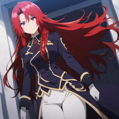 solo,anime coloring,looking at viewer,cowboy_shot,masterpiece,high score,great score,absurdres,<lora:Iris_Midgar ag4o:1> iris_midgar, long hair, red hair, braid, red eyes,uniform,white pants,boots,