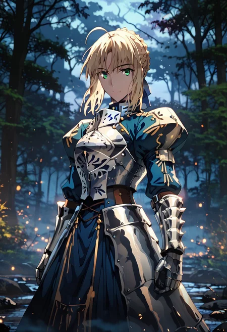 score_9, SaberFS,
1girl, solo, light smile,
blonde hair, green eyes, short hair, french braid, ahoge,
SaberArmor, breastplate, blue dress, gauntlets, juliet sleeves, faulds,
standing, looking at viewer,
outdoors, night, blue theme, fog, forest