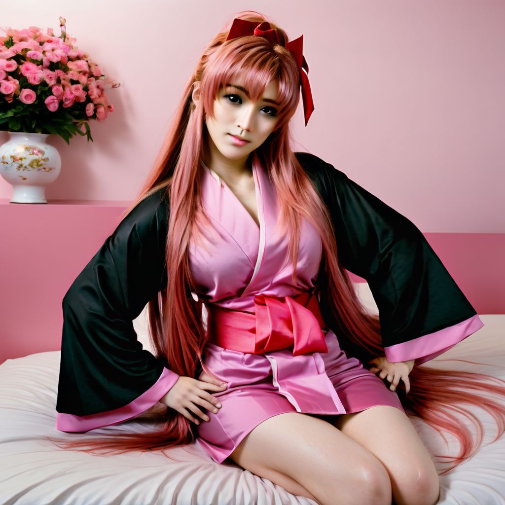 lacus clyne, cute, asian, satin silk kimono, black kimono, long sleeves, long hair, pink hair, hair ornament, luxury living room, full body image