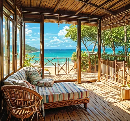 score_9, score_8, score_7, score_6, bungalow, resort,  no humans, window, couch, wooden floor, on patio, fence, beach, ocean in background, table, scenery, tree, furniture, detailed background, expressiveh, <lora:BeachBungalow-10pony:0.85> <lora:Pony_DetailV2.0:1> <lora:Expressive_H:1>